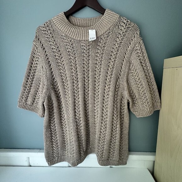 Gap Pointelle Mockneck Sweater Lightweight Metallic Gold Shimmer NWT Size XXL - Picture 2 of 8